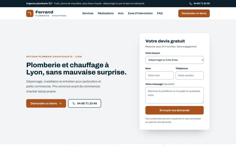Page d’accueil du site de démonstration Ferrand Plomberie, sur ordinateur