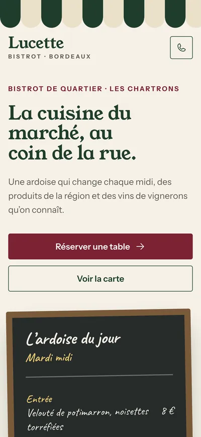 Site de démonstration du Bistrot Lucette, affiché sur un téléphone
